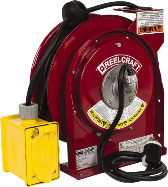 Reelcraft - 12 AWG, 45' Cable Length, Cord & Cable Reel with Duplex GFCI Outlet Box End - 2 Outlets, NEMA 5-20R, 20 Amps, 125 Volts, SJEOOW Cable, Red Reel - Exact Tooling