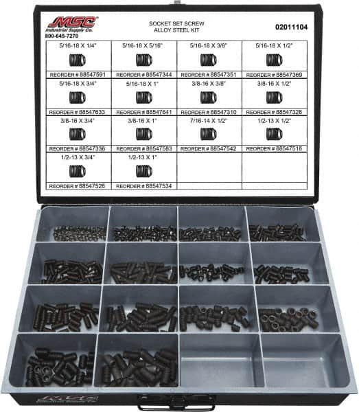 Value Collection - 500 Piece, 5/16 to 1/2, Steel Set Screw Assortment - Socket Cap Head, Hex Socket Drive, 1 to 3/4" Long - Exact Tooling