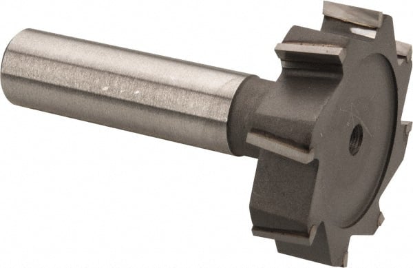 Made in USA - 1-1/2" Diam x 3/8" Face Width, Carbide-Tipped, 8 Teeth, Shank Connection Woodruff Keyseat Cutter - Uncoated, 2-3/8" OAL x 1/2" Shank, Staggered Teeth, ANSI 1212, Old Standard G - Exact Tooling