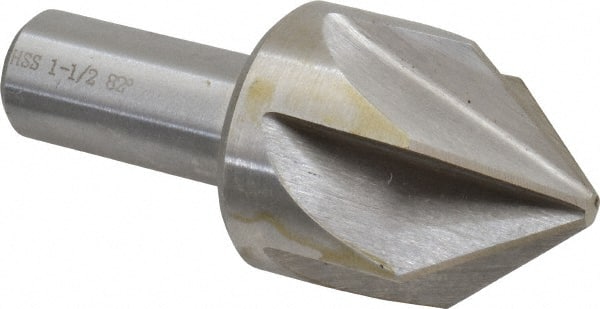 Interstate - 1-1/2" Head Diam, 3/4" Shank Diam, 6 Flute 82° High Speed Steel Countersink - Bright Finish, 3-1/2" OAL, Single End, Straight Shank, Right Hand Cut - Exact Tooling