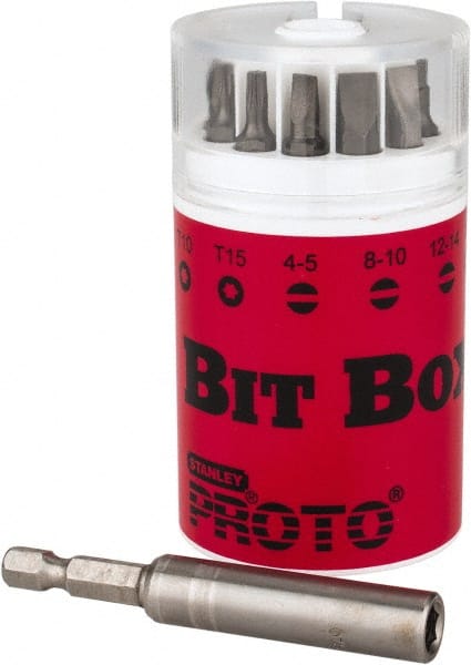 Proto - 10 Piece, 1/4" Drive Screwdriver Insert Bit Set - #1, #2 & #3 Phillips, T10 & T15 Torx, 4F-5R, 8F-10R & 10F-12R Slotted - Exact Tooling