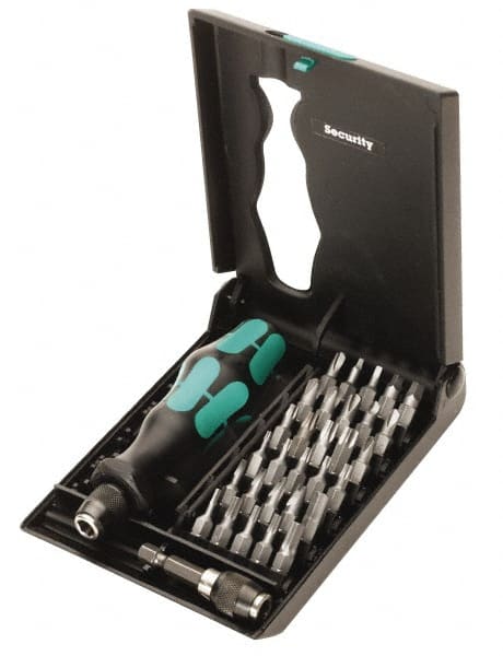 Wera - 32 Piece, 1/4" Drive Screwdriver Tamperproof Bit Set - Tamperproof 2 to 6mm Hex, Tamperproof 7 to 40 Torx, #0, #1, #2 & #3 Square Recess - Exact Tooling