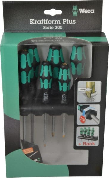 Wera - 6 Piece Phillips & Slotted Screwdriver Set - Hex with Bolster Shank, Kraftform Ergonomic Handle, Bit Sizes: Philips #1 & #2, Tip Thickness: 9/64, 5/32, 7/32 & 1/4 - Exact Tooling