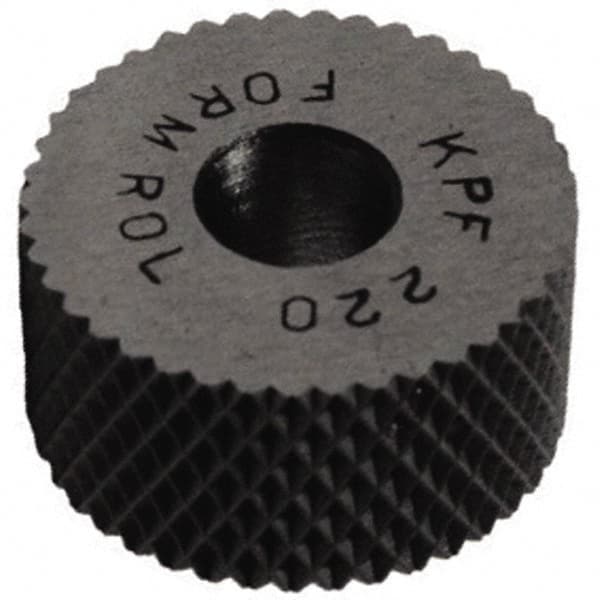 Made in USA - 1/2" Diam, 90° Tooth Angle, 40 TPI, Standard (Shape), Form Type High Speed Steel Female Diamond Knurl Wheel - 3/16" Face Width, 3/16" Hole, Circular Pitch, 30° Helix, Bright Finish, Series EP - Exact Tooling