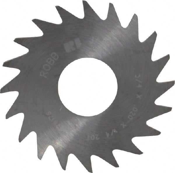 RobbJack - 3/4" Diam x 0.02" Blade Thickness x 1/4" Arbor Hole Diam, 20 Tooth Slitting and Slotting Saw - Arbor Connection, Right Hand, Uncoated, Solid Carbide, Concave Ground - Exact Tooling