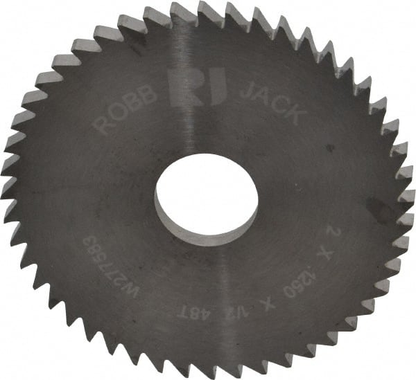 RobbJack - 2" Diam x 1/8" Blade Thickness x 1/2" Arbor Hole Diam, 48 Tooth Slitting and Slotting Saw - Arbor Connection, Right Hand, Uncoated, Solid Carbide, Concave Ground - Exact Tooling
