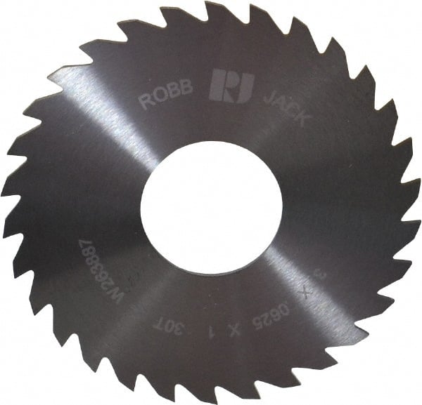 RobbJack - 3" Diam x 1/16" Blade Thickness x 1" Arbor Hole Diam, 30 Tooth Slitting and Slotting Saw - Arbor Connection, Right Hand, Uncoated, Solid Carbide, Concave Ground - Exact Tooling