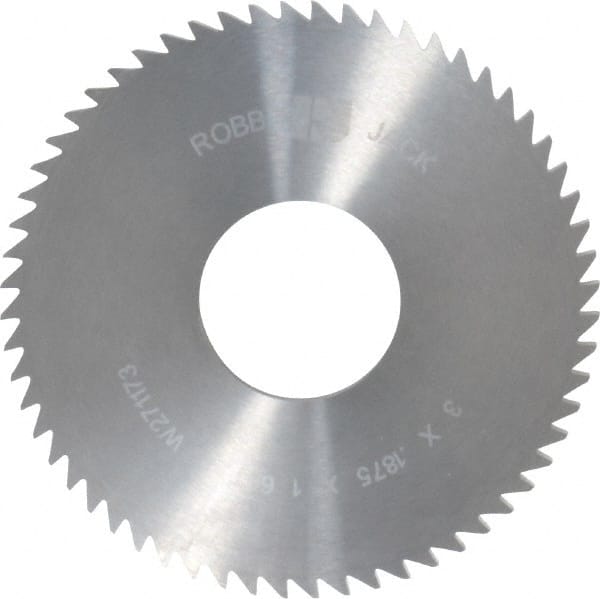 RobbJack - 3" Diam x 3/16" Blade Thickness x 1" Arbor Hole Diam, 60 Tooth Slitting and Slotting Saw - Arbor Connection, Right Hand, Uncoated, Solid Carbide, Concave Ground - Exact Tooling