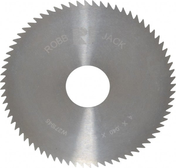 RobbJack - 4" Diam x 0.04" Blade Thickness x 1" Arbor Hole Diam, 72 Tooth Slitting and Slotting Saw - Arbor Connection, Right Hand, Uncoated, Solid Carbide, Concave Ground - Exact Tooling