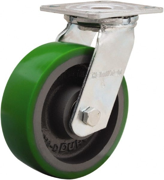 Hamilton - 6" Diam x 2" Wide x 7-1/2" OAH Top Plate Mount Swivel Caster - Polyurethane Mold onto Cast Iron Center, 1,200 Lb Capacity, Sealed Precision Ball Bearing, 4 x 4-1/2" Plate - Exact Tooling