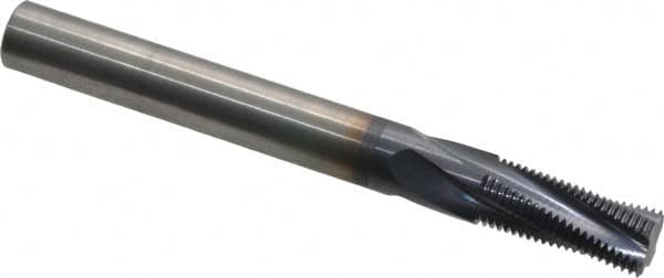 Accupro - M12x1.00 Metric Fine, 0.37" Cutting Diam, 4 Flute, Solid Carbide Helical Flute Thread Mill - Internal Thread, 7/8" LOC, 3-1/2" OAL, 3/8" Shank Diam - Exact Tooling