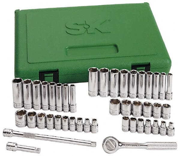 SK - 41 Piece 1/4" Drive Standard Deep Socket Set - 12 Points, 3/16 to 9/16", 5 to 14mm, Inch/Metric Measurement Standard - Exact Tooling