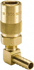 Parker - Nonthreaded Brass Hydraulic Hose Hose Barb Coupler & 90° Fitting - 200 psi, 3 GPM, 1/4" Hose Diam, Series Moldmate - Exact Tooling