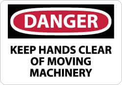 NMC - "Danger - Keep Hands Clear of Moving Machinery", 10" Long x 14" Wide, Pressure-Sensitive Vinyl Safety Sign - Rectangle, 0.004" Thick, Use for Accident Prevention - Exact Tooling