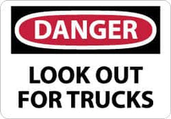 NMC - "Danger - Look Out for Trucks", 10" Long x 14" Wide, Rigid Plastic Safety Sign - Rectangle, 0.05" Thick, Use for Accident Prevention - Exact Tooling