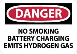 NMC - "Danger - No Smoking - Battery Charging Emits Hydrogen Gas", 10" Long x 14" Wide, Pressure-Sensitive Vinyl Safety Sign - Rectangle, 0.004" Thick, Use for Accident Prevention - Exact Tooling