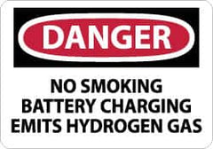 NMC - "Danger - No Smoking - Battery Charging Emits Hydrogen Gas", 10" Long x 14" Wide, Pressure-Sensitive Vinyl Safety Sign - Rectangle, 0.004" Thick, Use for Accident Prevention - Exact Tooling