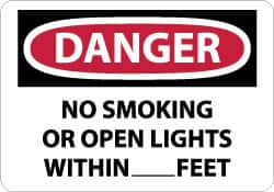 NMC - "Danger - No Smoking or Open Lights Within____feet", 10" Long x 14" Wide, Pressure-Sensitive Vinyl Safety Sign - Rectangle, 0.004" Thick, Use for Accident Prevention - Exact Tooling