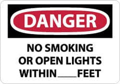 NMC - "Danger - No Smoking or Open Lights Within____feet", 10" Long x 14" Wide, Rigid Plastic Safety Sign - Rectangle, 0.05" Thick, Use for Accident Prevention - Exact Tooling
