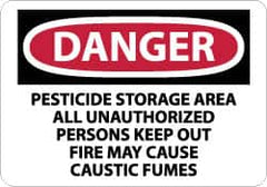 NMC - "Danger - Pesticide Storage Area - All Unauthorized Persons Keep Out - Fire May Cause Caustic Fumes", 10" Long x 14" Wide, Pressure-Sensitive Vinyl Safety Sign - Rectangle, 0.004" Thick, Use for Security & Admittance - Exact Tooling