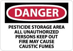 NMC - "Danger - Pesticide Storage Area - All Unauthorized Persons Keep Out - Fire May Cause Caustic Fumes", 10" Long x 14" Wide, Aluminum Safety Sign - Rectangle, 0.04" Thick, Use for Security & Admittance - Exact Tooling