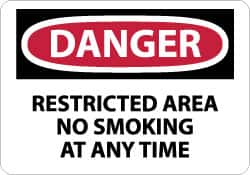 NMC - "Danger - Restricted Area - No Smoking at Any Time", 10" Long x 14" Wide, Rigid Plastic Safety Sign - Rectangle, 0.05" Thick, Use for Accident Prevention - Exact Tooling