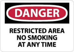 NMC - "Danger - Restricted Area - No Smoking at Any Time", 10" Long x 14" Wide, Pressure-Sensitive Vinyl Safety Sign - Rectangle, 0.004" Thick, Use for Accident Prevention - Exact Tooling