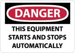 NMC - "Danger - This Equipment Starts and Stops Automatically", 10" Long x 14" Wide, Aluminum Safety Sign - Rectangle, 0.04" Thick, Use for Accident Prevention - Exact Tooling