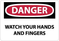 NMC - Accident Prevention Label, Header: DANGER - Legend: Danger - Watch Your Hands and Fingers, English, Red, Black & White, 5" Long x 3" High, Sign Muscle Finish - Exact Tooling
