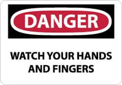 NMC - Accident Prevention Label, Header: DANGER - Legend: Danger - Watch Your Hands and Fingers, English, Red, Black & White, 5" Long x 3" High, Sign Muscle Finish - Exact Tooling