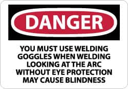 NMC - "Danger - You Must Use Welding Goggles When Welding - Looking at the Arc Without Eye Protection May Cause Blindness", 10" Long x 14" Wide, Pressure-Sensitive Vinyl Safety Sign - Rectangle, 0.004" Thick, Use for Accident Prevention - Exact Tooling