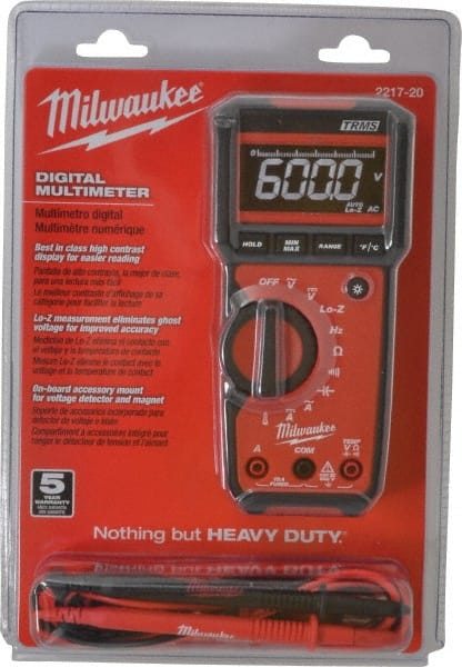 Milwaukee Tool - 2217-20, CAT III, 600 VAC/VDC, Digital True RMS Auto Ranging Multimeter - 40 mOhm, Measures Voltage, Capacitance, Current, Frequency, Resistance, Temperature - Exact Tooling
