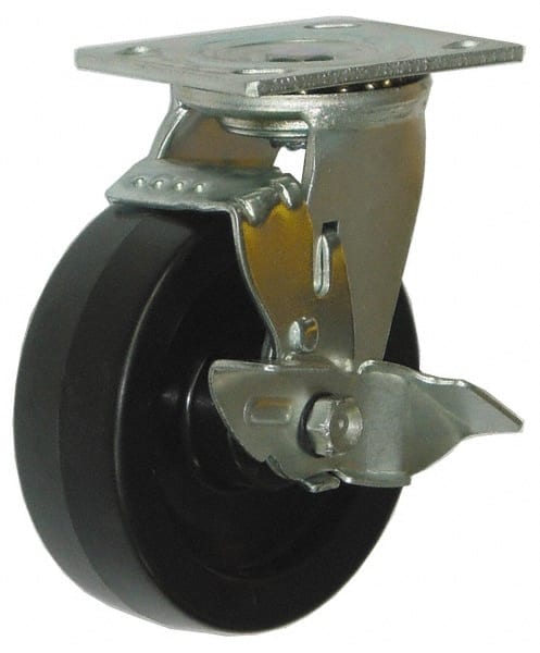 Value Collection - 5" Diam x 2" Wide x 6-1/2" OAH Top Plate Mount Swivel Caster with Brake - Phenolic, 1,000 Lb Capacity, Roller Bearing, 4 x 4-1/2" Plate - Exact Tooling