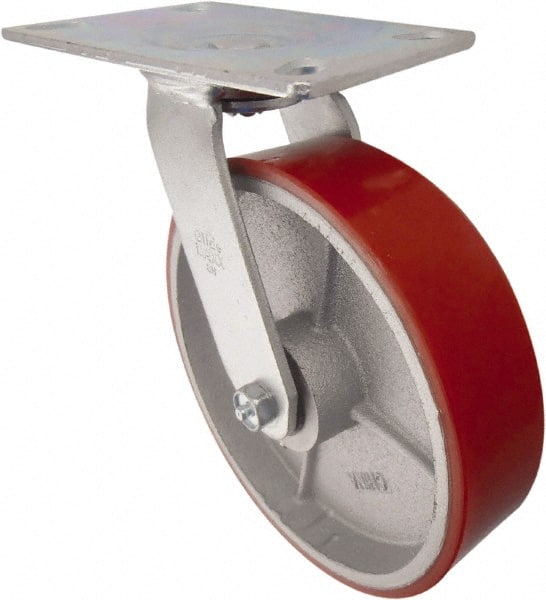 Value Collection - 8" Diam x 2" Wide x 9-1/2" OAH Top Plate Mount Swivel Caster - Polyurethane, 1,000 Lb Capacity, Roller Bearing, 4-1/2 x 6-1/4" Plate - Exact Tooling