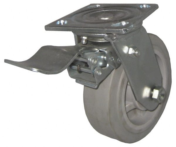 Value Collection - 4" Diam x 2" Wide x 5-5/8" OAH Top Plate Mount Swivel Caster with Brake - TPR, 300 Lb Capacity, Roller Bearing, 4 x 4-1/2" Plate - Exact Tooling
