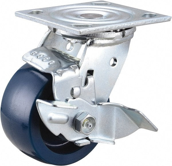 Value Collection - 4" Diam x 2" Wide x 5-5/8" OAH Top Plate Mount Swivel Caster with Brake - Polyurethane, 600 Lb Capacity, Roller Bearing, 4 x 4-1/2" Plate - Exact Tooling