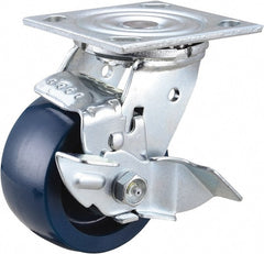 Value Collection - 4" Diam x 2" Wide x 5-5/8" OAH Top Plate Mount Swivel Caster with Brake - Polyurethane, 600 Lb Capacity, Roller Bearing, 4 x 4-1/2" Plate - Exact Tooling