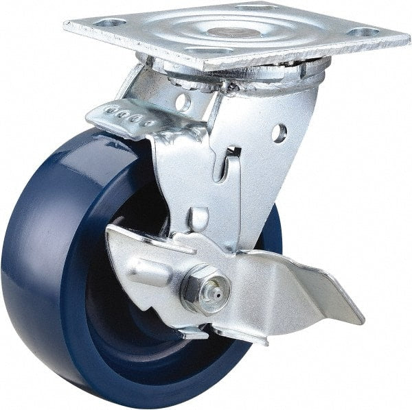 Value Collection - 5" Diam x 2" Wide x 6-1/2" OAH Top Plate Mount Swivel Caster with Brake - Polyurethane, 650 Lb Capacity, Roller Bearing, 4 x 4-1/2" Plate - Exact Tooling