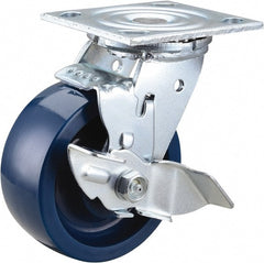 Value Collection - 5" Diam x 2" Wide x 6-1/2" OAH Top Plate Mount Swivel Caster with Brake - Polyurethane, 650 Lb Capacity, Roller Bearing, 4 x 4-1/2" Plate - Exact Tooling