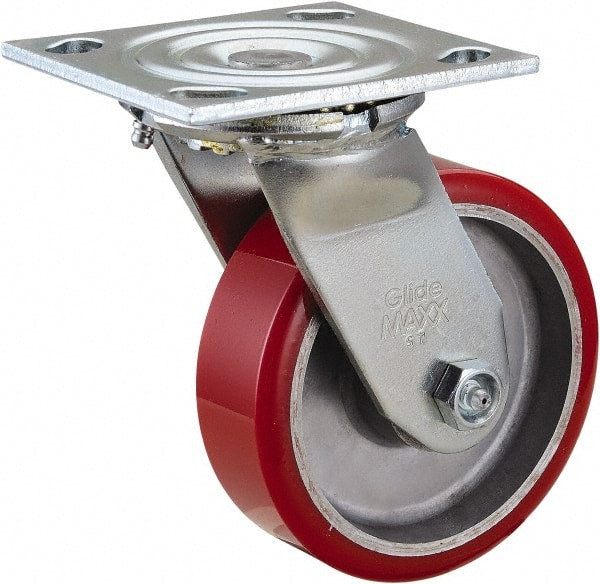 Value Collection - 5" Diam x 1-1/2" Wide x 6-1/2" OAH Top Plate Mount Swivel Caster - Polyurethane, 720 Lb Capacity, Roller Bearing, 4 x 4-1/2" Plate - Exact Tooling
