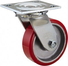 Value Collection - 5" Diam x 1-1/2" Wide x 6-1/2" OAH Top Plate Mount Swivel Caster - Polyurethane, 720 Lb Capacity, Roller Bearing, 4 x 4-1/2" Plate - Exact Tooling