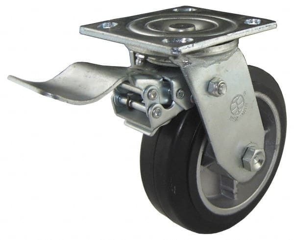 Value Collection - 5" Diam x 2" Wide x 6-1/2" OAH Top Plate Mount Swivel Caster with Brake - Soft Rubber, 450 Lb Capacity, Roller Bearing, 4 x 4-1/2" Plate - Exact Tooling