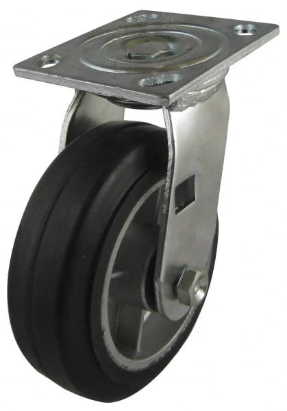 Value Collection - 5" Diam x 2" Wide x 6-1/2" OAH Top Plate Mount Swivel Caster - Soft Rubber, 450 Lb Capacity, Roller Bearing, 4 x 4-1/2" Plate - Exact Tooling