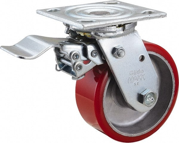 Value Collection - 5" Diam x 2" Wide x 6-1/2" OAH Top Plate Mount Swivel Caster with Brake - Polyurethane, 1,250 Lb Capacity, Roller Bearing, 4 x 4-1/2" Plate - Exact Tooling