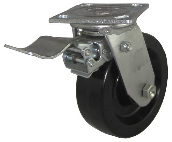 Value Collection - 5" Diam x 2" Wide x 6-1/2" OAH Top Plate Mount Swivel Caster with Brake - Phenolic, 1,100 Lb Capacity, Roller Bearing, 4 x 4-1/2" Plate - Exact Tooling