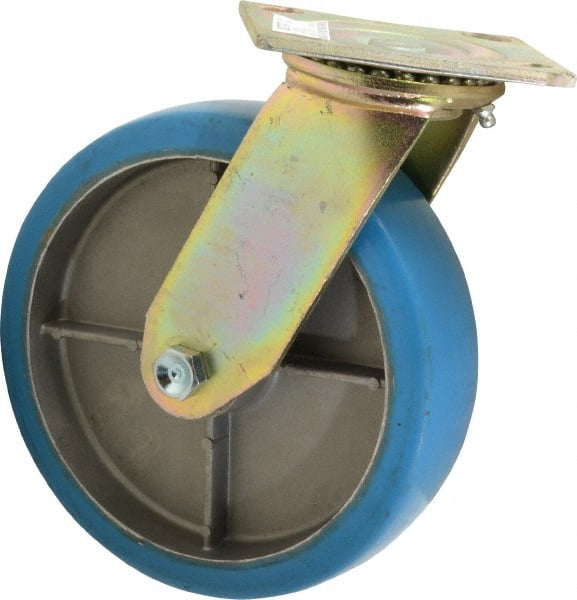 Value Collection - 8" Diam x 2" Wide x 9-1/2" OAH Top Plate Mount Swivel Caster - Polyurethane, 1,100 Lb Capacity, Roller Bearing, 4 x 4-1/2" Plate - Exact Tooling