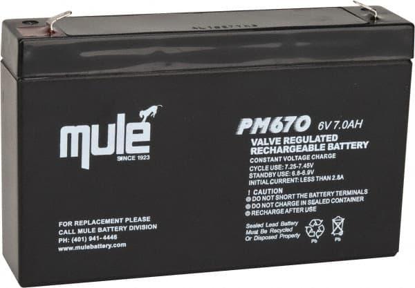 Mule - Lead-Acid, Quick-Disconnect Tab Terminal, 6 Volt, 7 Amp, Lead Rechargeable Battery - 3/16" Tab Width x 0.032" Tab Thickness, 1.34" Wide x 3.7" High x 5.95" Deep - Exact Tooling