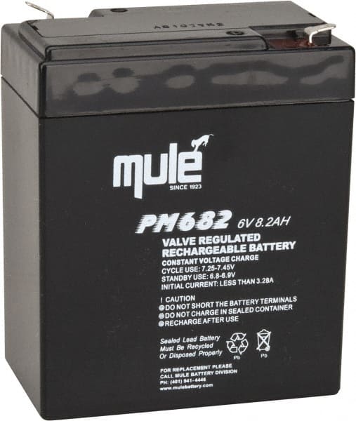 Mule - Lead-Acid, Quick-Disconnect Tab Terminal, 6 Volt, 8 Amp, Lead Rechargeable Battery - 6.35mm Tab Width x 0.8mm Tab Thickness, 2.2" Wide x 4.61" High x 3.86" Deep - Exact Tooling
