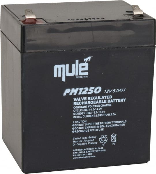 Mule - Lead-Acid, Quick-Disconnect Tab Terminal, 12 Volt, 5 Amp, Lead Rechargeable Battery - 4.8mm Tab Width x 0.8mm Tab Thickness, 2.76" Wide x 4.21" High x 3.54" Deep - Exact Tooling