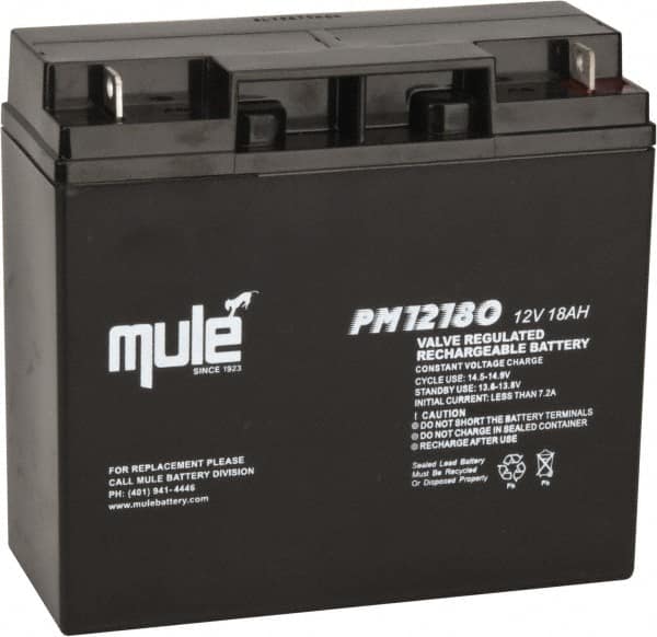 Mule - Lead-Acid, Nut/Bolt Terminal, 12 Volt, 18 Amp, Lead Rechargeable Battery - 1/4" Hole Diam, 2.56" Wide x 6.57" High x 7.13" Deep - Exact Tooling
